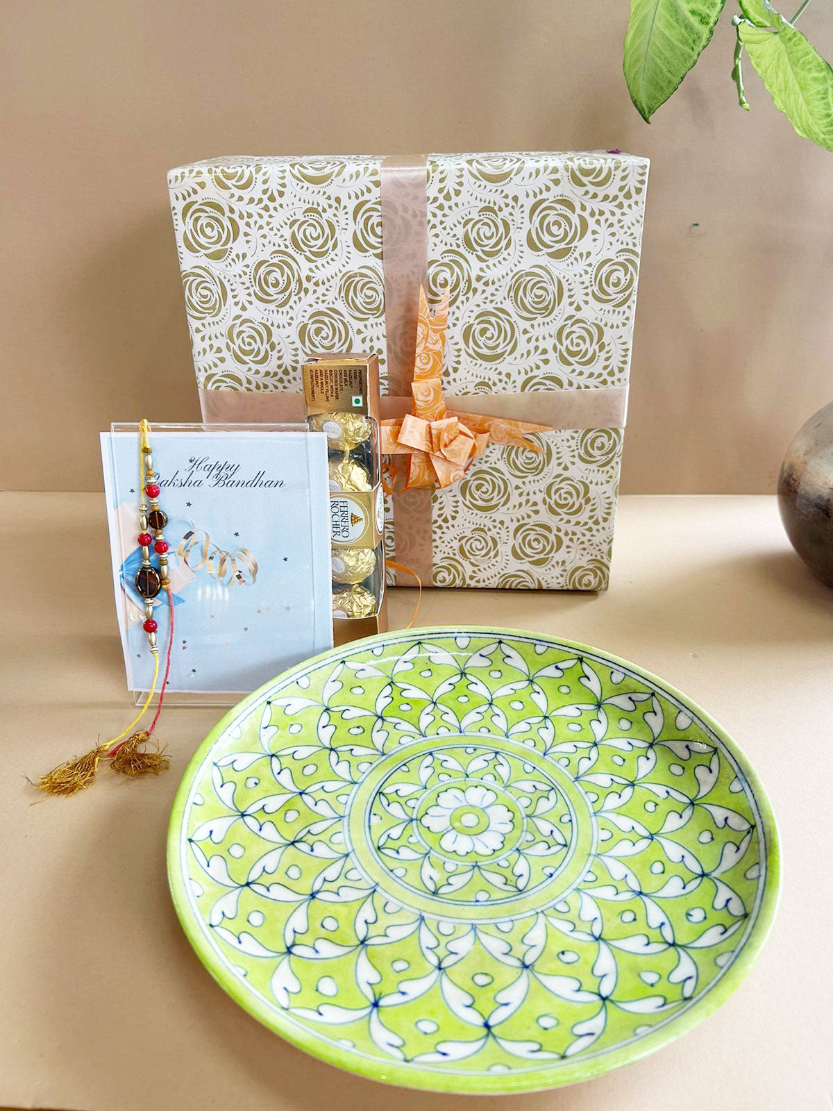Blue Pottery Serving Tray Rakhi Gift Hamper