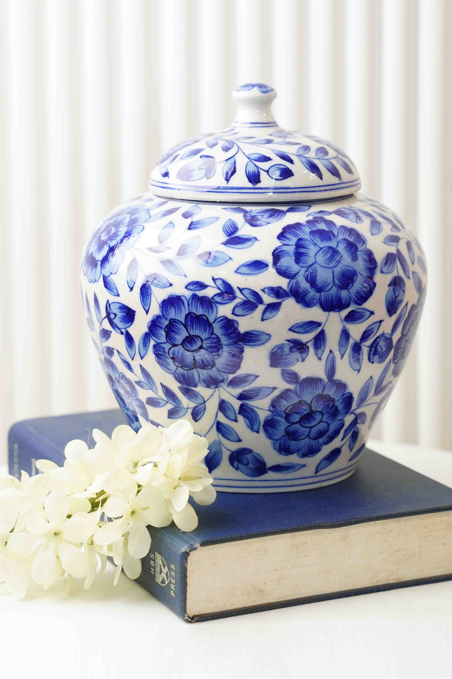 Indigo Floral Handpainted Vase with lid