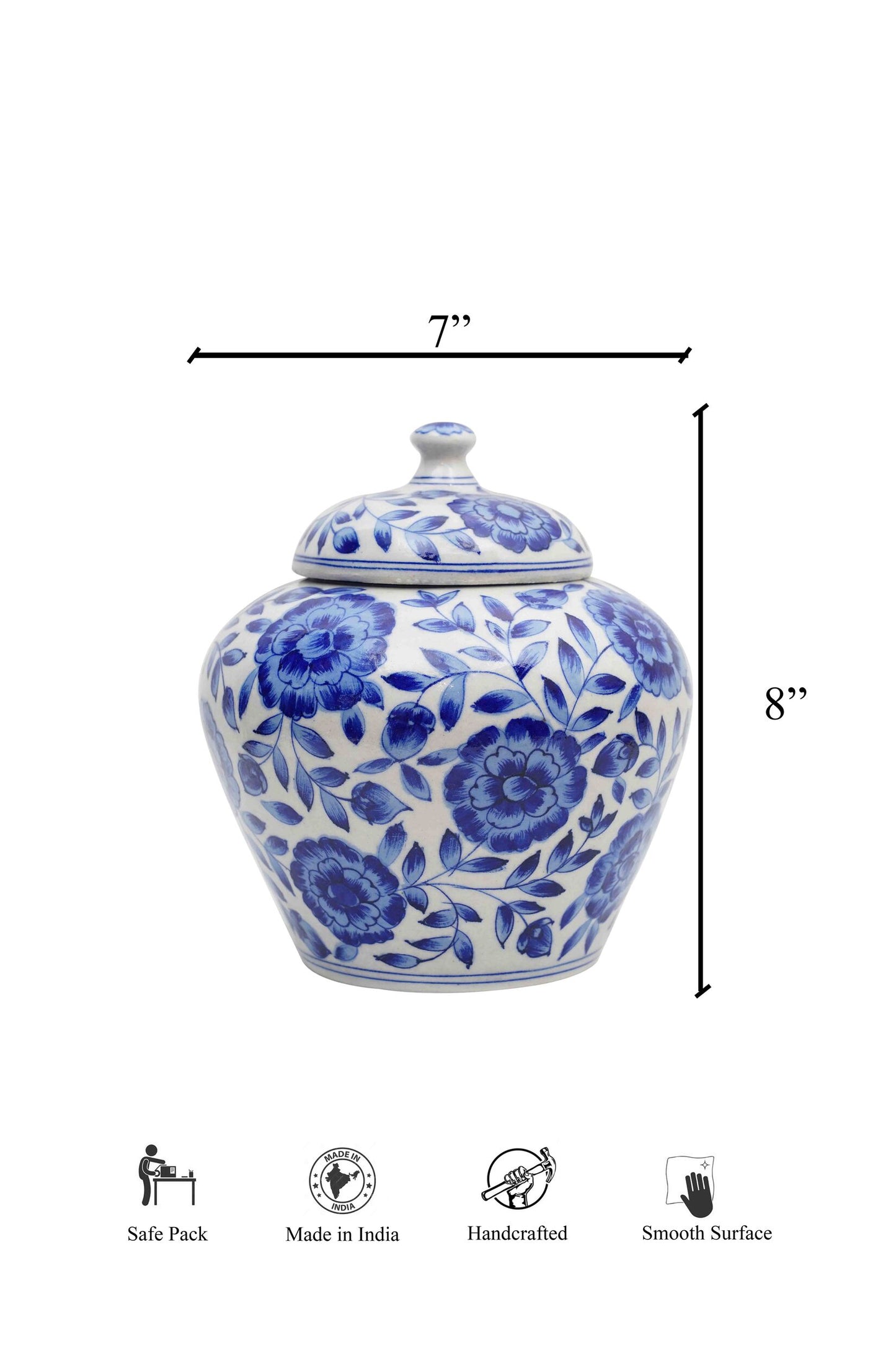 Indigo Floral Handpainted Vase with lid