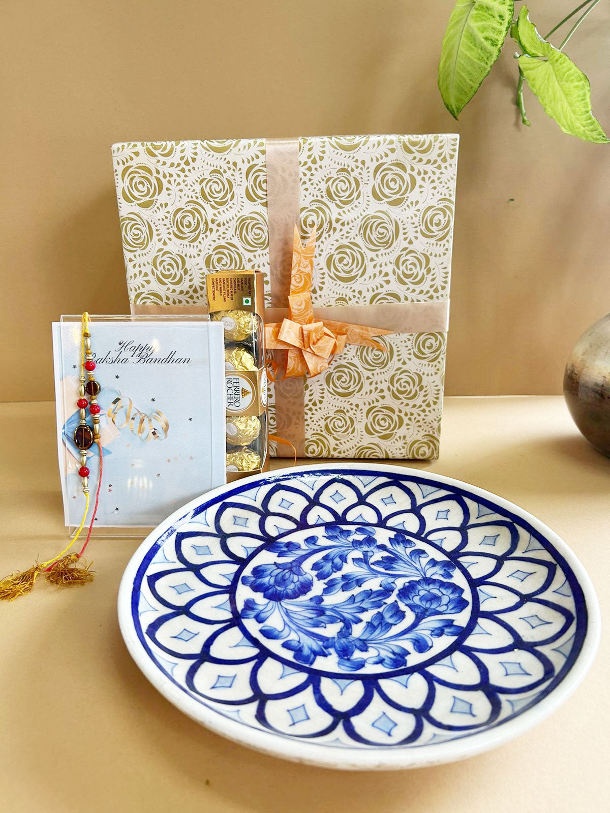 Floret Blue Pottery Serving Tray Rakhi Gift Hamper